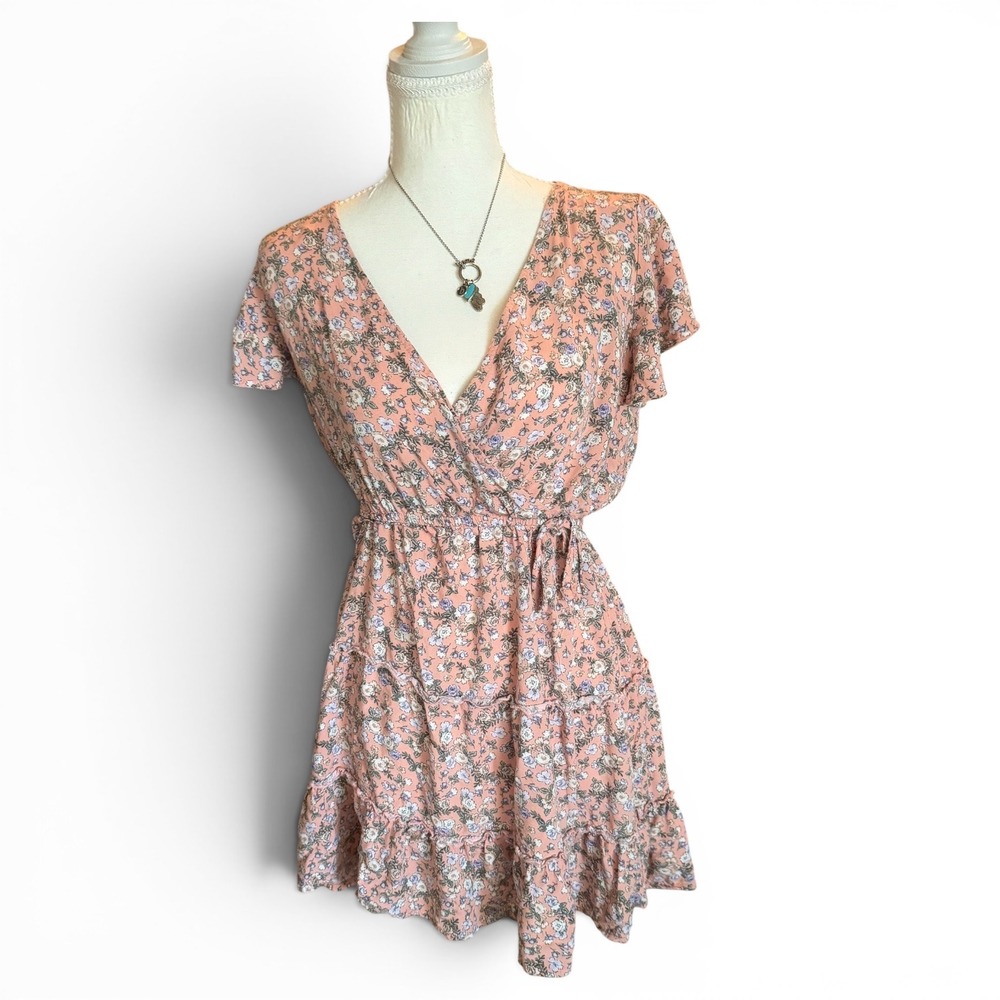 No Comment NY.LA Floral Wrap Mini Dress Pink Boho Tiered Ruffle Womens Small